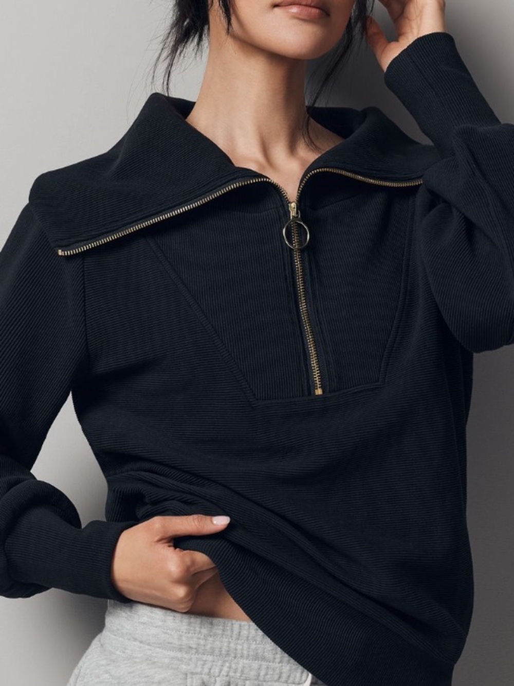 Anthropologie Varley Vine Black Zip-Front Sweatshirt with Gold Trim - Picture 12 of 14